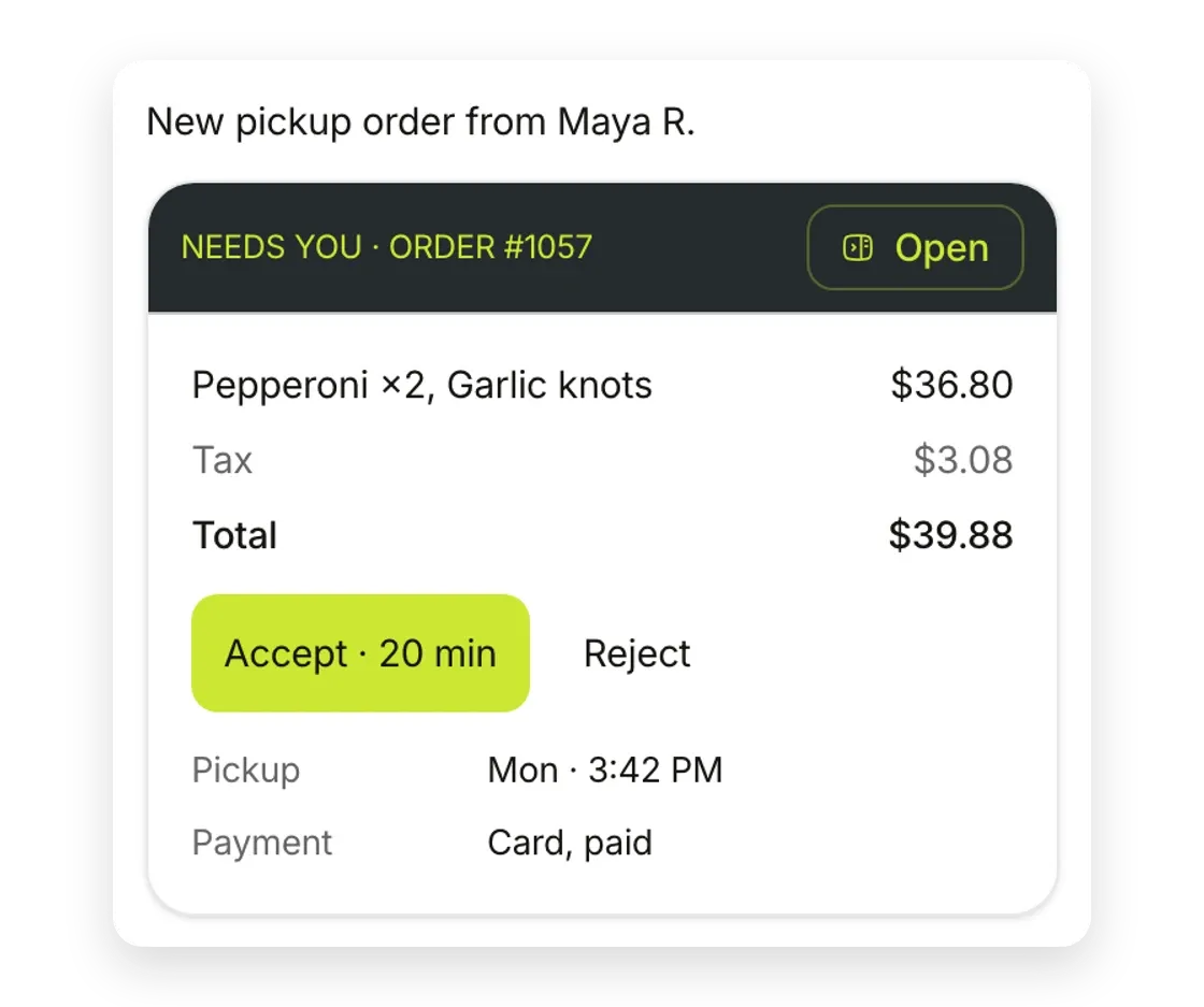 Sample shop: a new pickup order with its items, total and an Accept button
