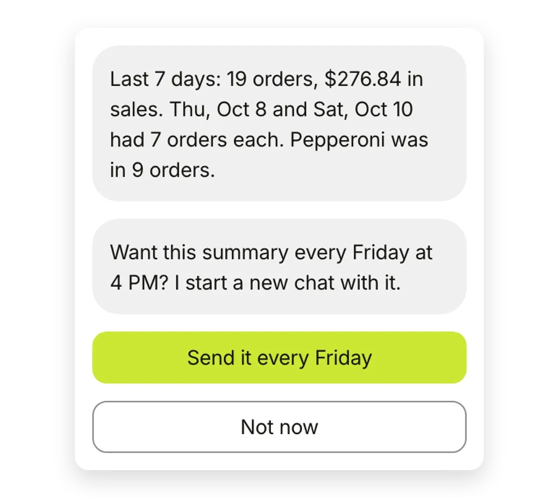 Sample shop: the weekly summary in chat, with an offer to send it every Friday