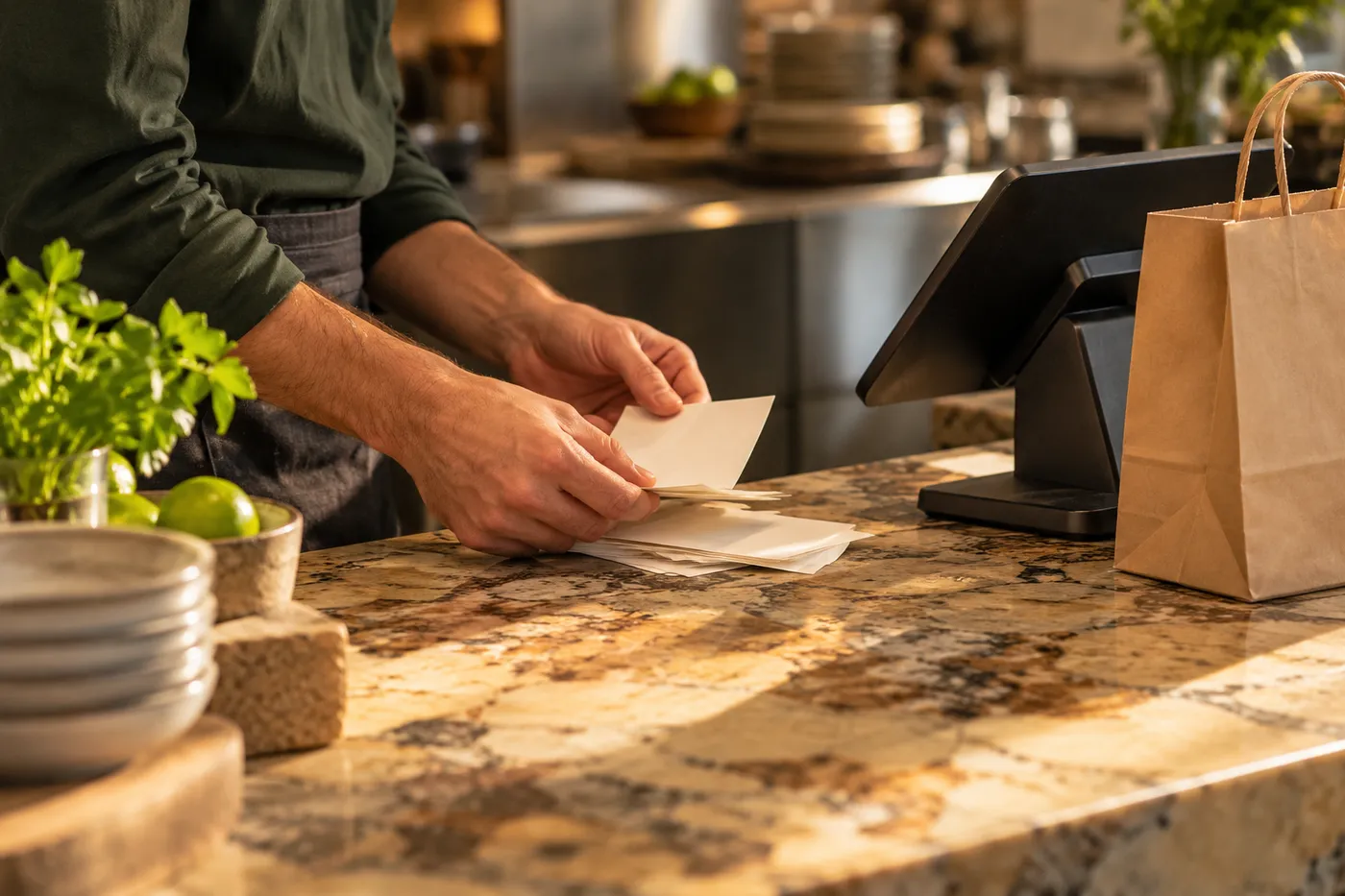 Restaurant worker comparing order slips beside a terminal and takeaway bag.