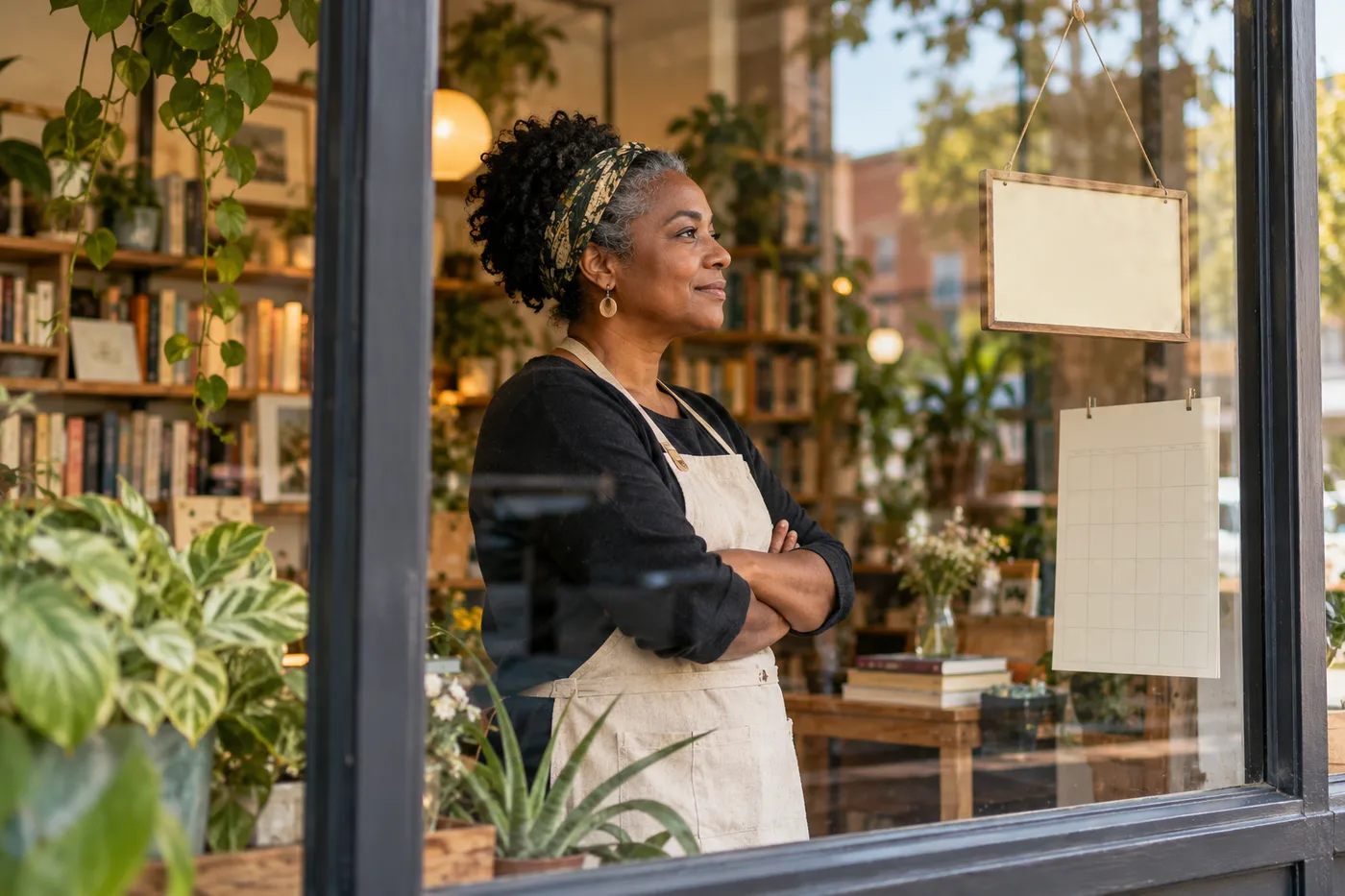 Shop owner standing by a window with a blank sign and calendar.