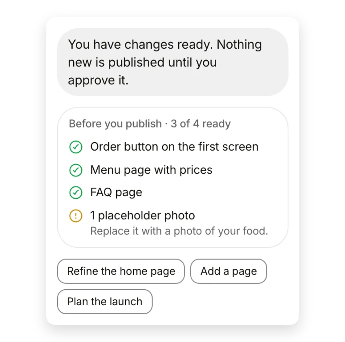 Sample shop: website changes wait in chat with a checklist until you approve them