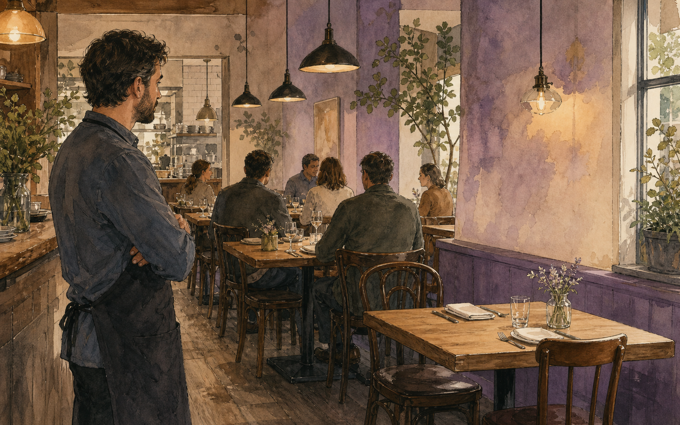 Restaurant owner noticing one familiar table left empty as the rhythm of regular visits changes