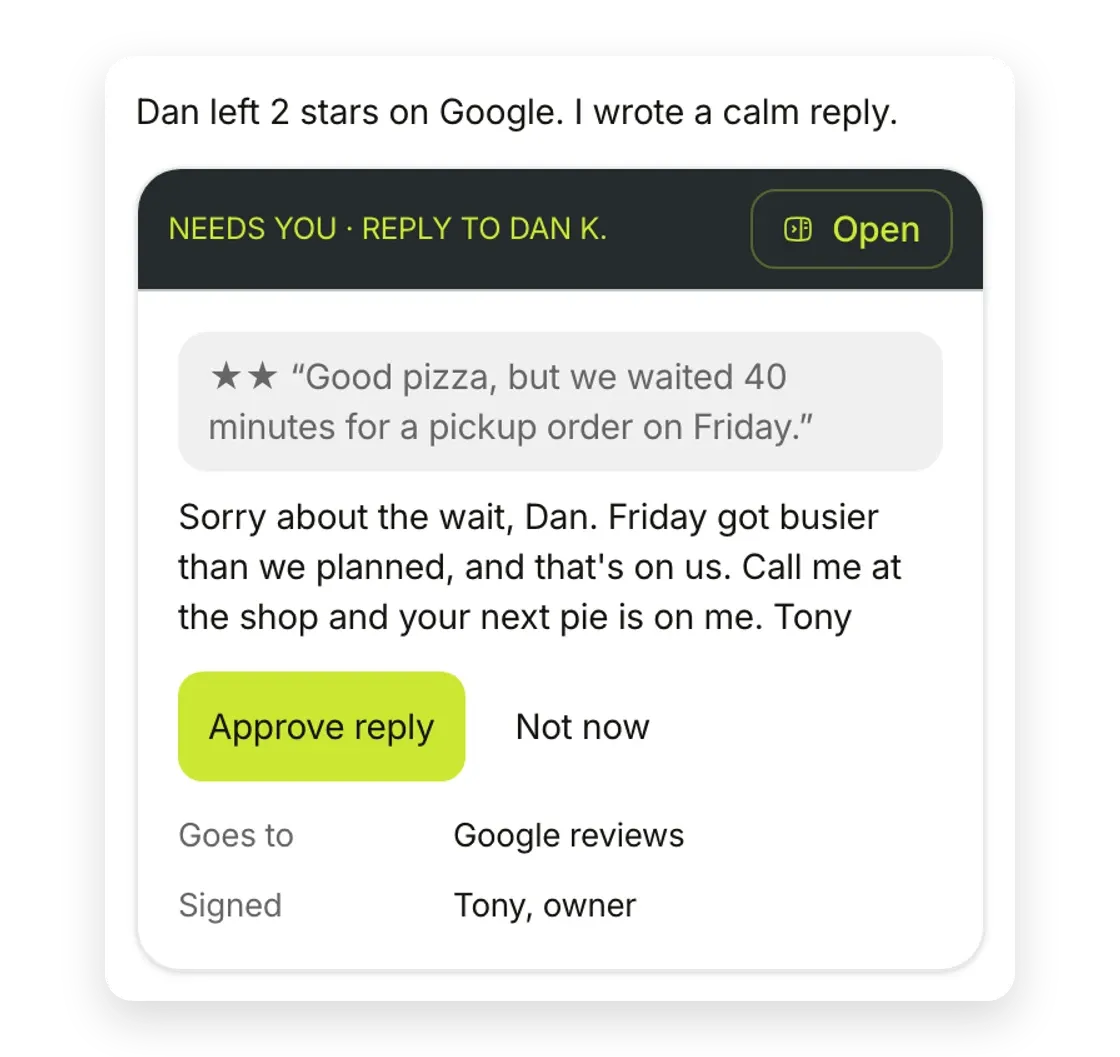 Sample shop: a 2-star Google review about a long wait, with a calm reply drafted for your OK