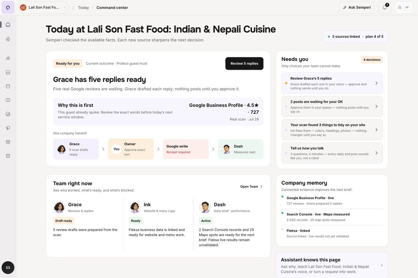 Semperi command center showing current work, owner decisions, and connected restaurant context