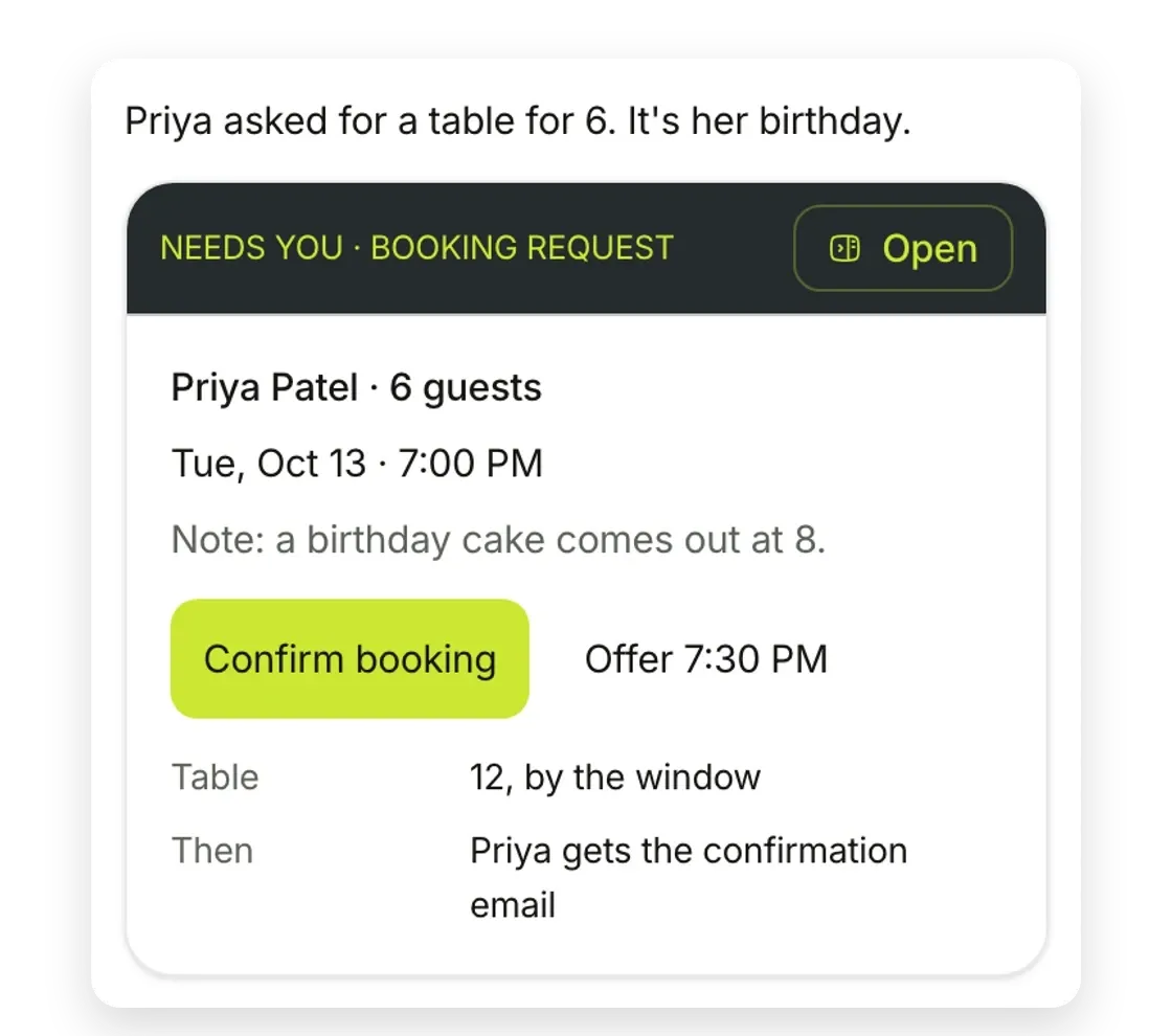 Sample shop: a birthday booking for 6 with a drafted confirmation