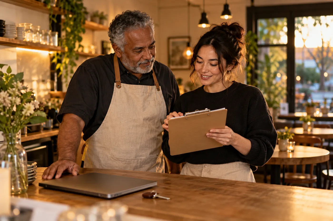 Two people reviewing a clipboard beside a laptop and key.
