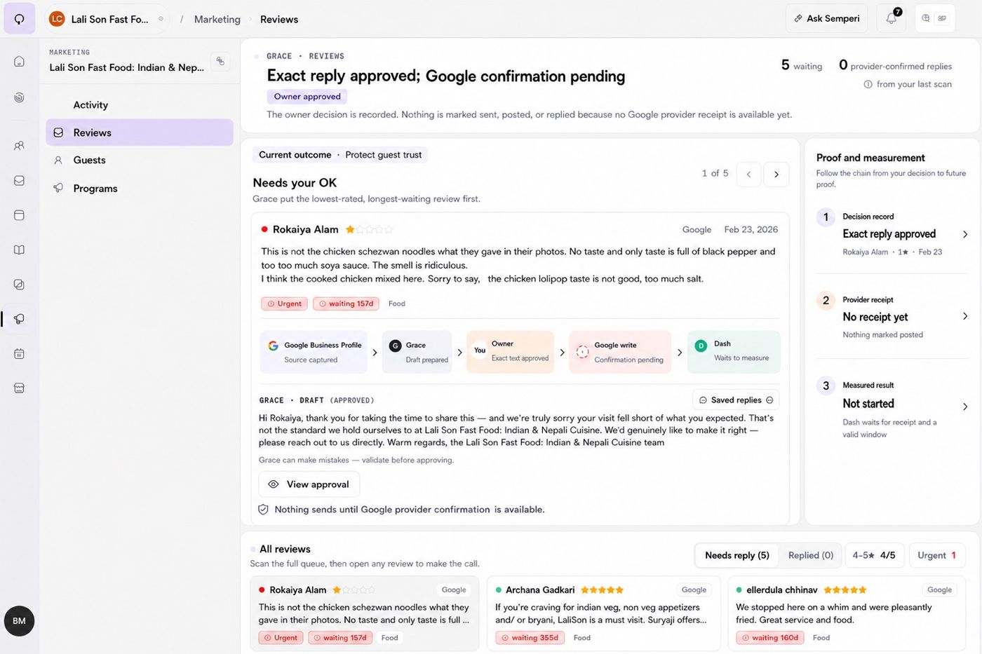 Semperi review workflow showing a source-backed reply beside the original review