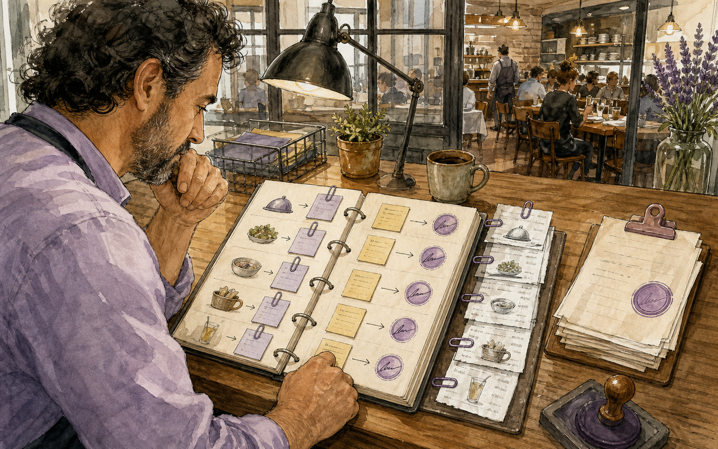Restaurant owner reviewing a decision journal that pairs each task with its source and status