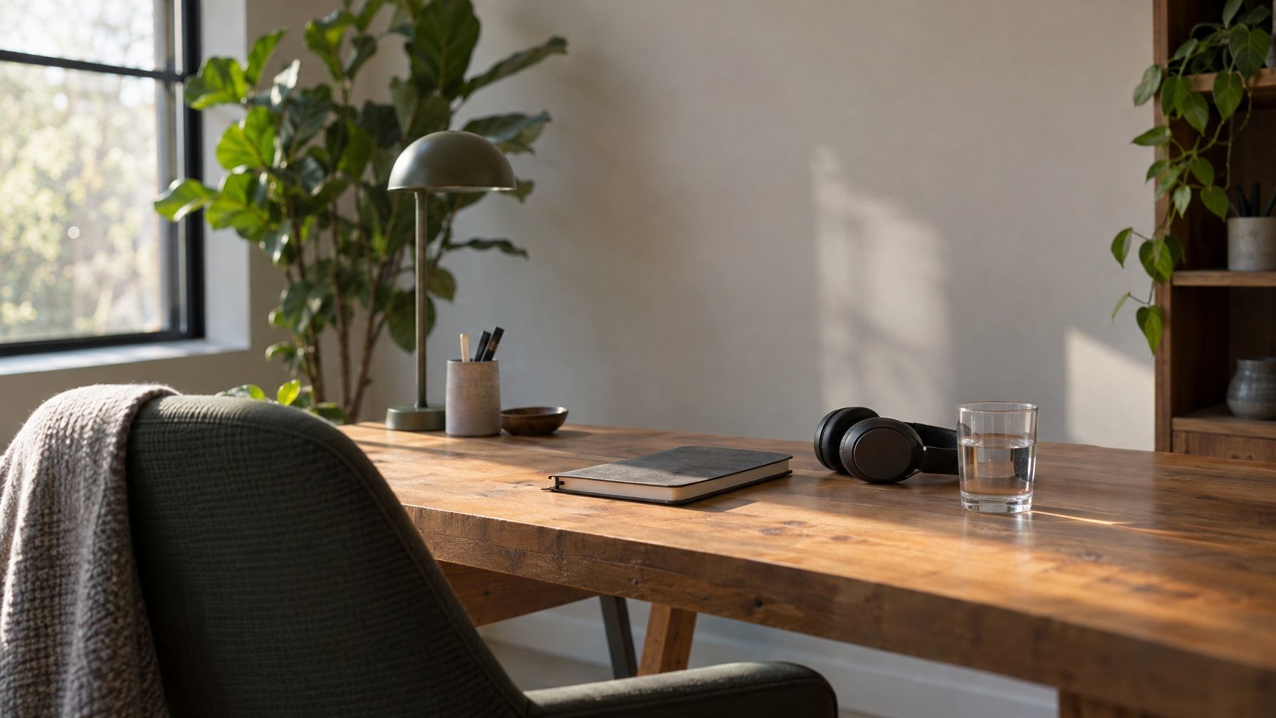 Illustration made by Semperi, not a photo of this business: Sunlit wooden desk with lamp, notebook, headphones, glass of water, plants and chair.